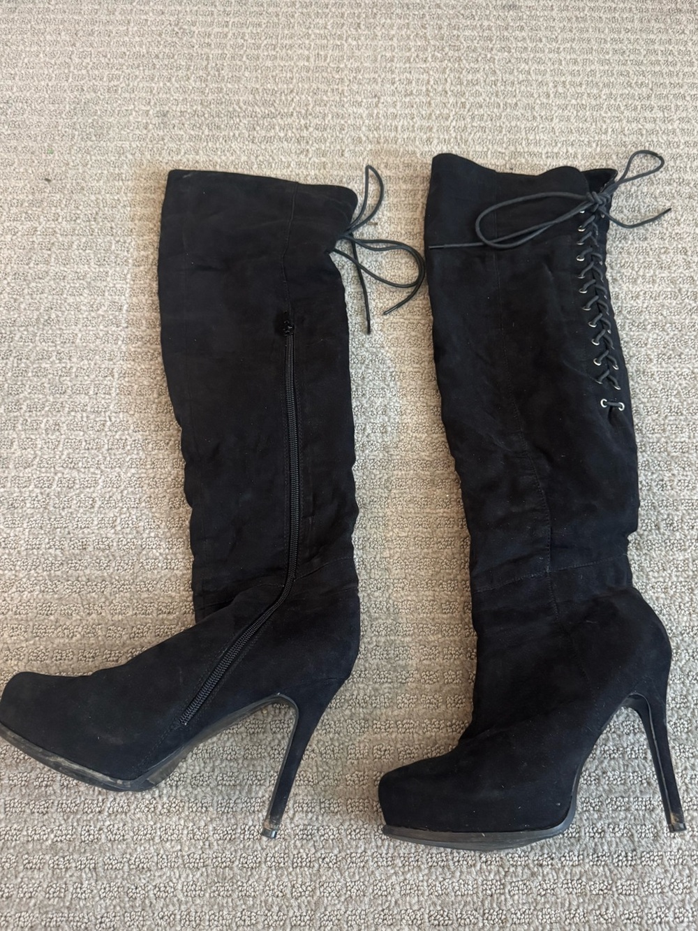 Black Suede Knee-High Lace-Up Stiletto Boots